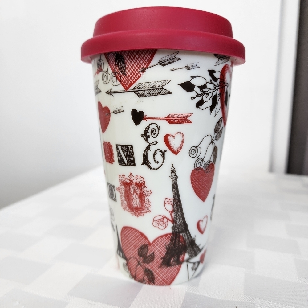 Eco One Ceramic Ciroa Silicone Lid Reuse Paris Themed Pattern Travel Mug NWT